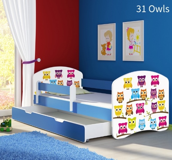 Slika Dječji krevet ACMA s motivom, bočna plava + ladica 140x70 cm - 31 Owls