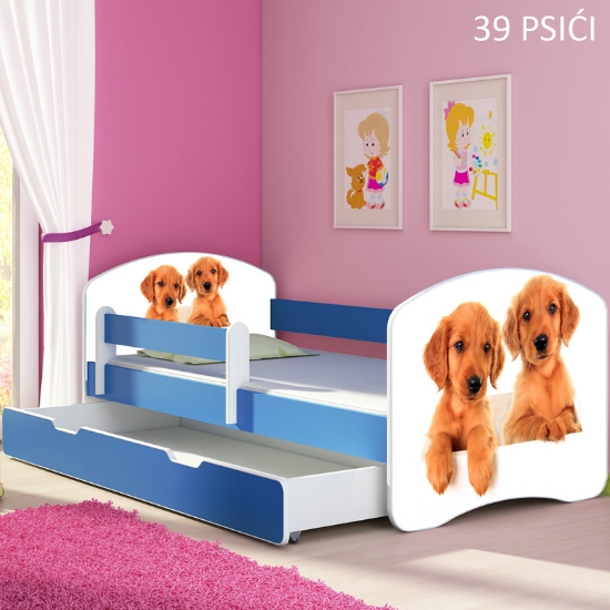 Slika Dječji krevet ACMA s motivom, bočna plava + ladica 140x70 cm - 39 Psići