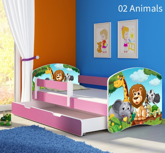 Slika Dječji krevet ACMA s motivom, bočna roza + ladica 140x70 cm - 02 Animals