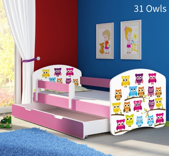 Slika Dječji krevet ACMA s motivom, bočna roza + ladica 140x70 cm - 31 Owls