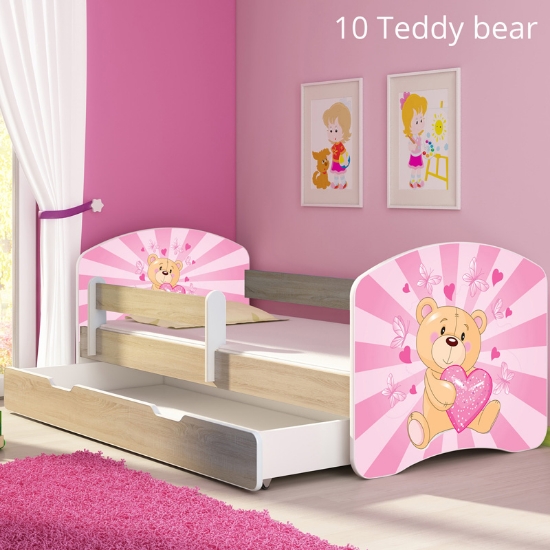 Slika Dječji krevet ACMA s motivom, bočna sonoma + ladica 140x70 cm - 10 Pink Teddy Bear