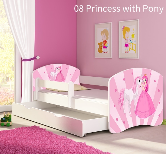 Slika Dječji krevet ACMA s motivom, bočna bijela + ladica 140x70 cm - 08 Princess with Pony