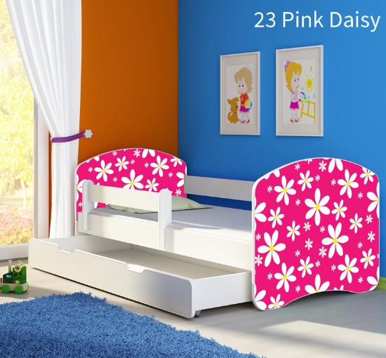 Slika Dječji krevet ACMA s motivom, bočna bijela + ladica 140x70 cm - 23 Pink Daisy