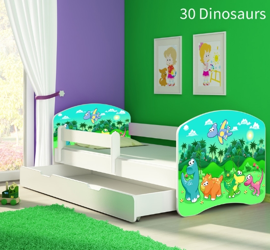 Slika Dječji krevet ACMA s motivom, bočna bijela + ladica 140x70 cm - 30 Dinosaurs