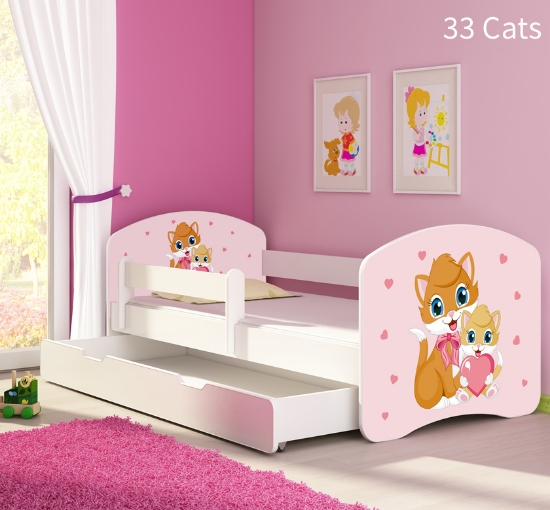 Slika Dječji krevet ACMA s motivom, bočna bijela + ladica 140x70 cm - 33 Cats
