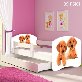 Slika Dječji krevet ACMA s motivom, bočna bijela + ladica 140x70 cm - 39 Psići
