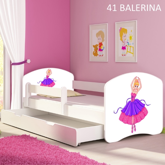 Slika Dječji krevet ACMA s motivom, bočna bijela + ladica 140x70 cm - 41 Balerina