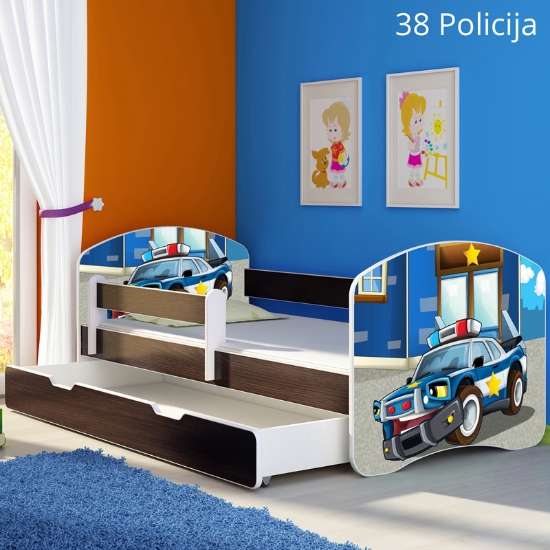 Slika Dječji krevet ACMA s motivom, bočna wenge + ladica 140x70 cm - 38 Policija
