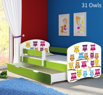 Slika Dječji krevet ACMA s motivom, bočna zelena + ladica 140x70 cm - 31 Owls
