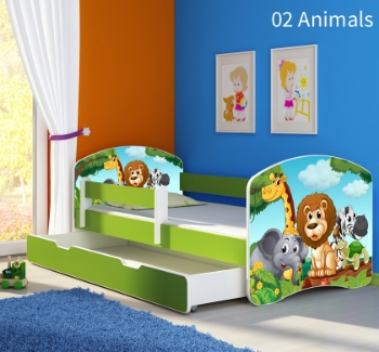 Slika Dječji krevet ACMA s motivom, bočna zelena + ladica 140x70 cm - 02 Animals
