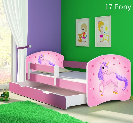 Slika Dječji krevet ACMA s motivom, bočna roza + ladica 140x70 cm - 17 Pony