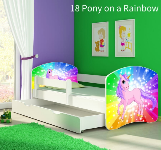 Slika Dječji krevet ACMA s motivom, bočna bijela + ladica 140x70 cm - 18 Pony on a rainbow