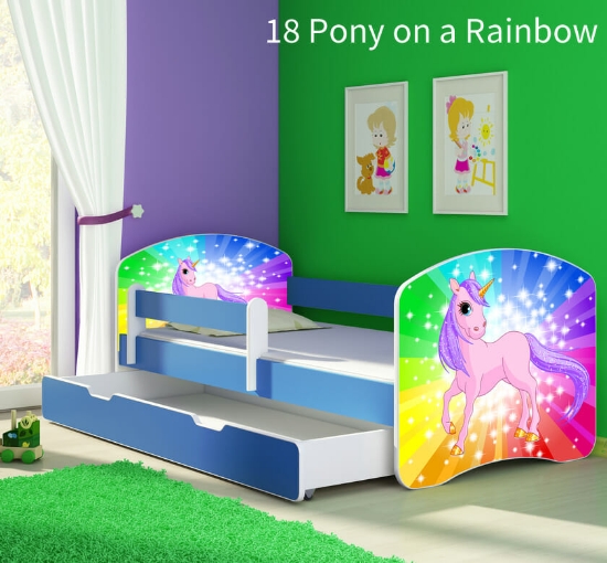 Slika Dječji krevet ACMA s motivom, bočna plava + ladica 140x70 cm - 18 Pony on a rainbow