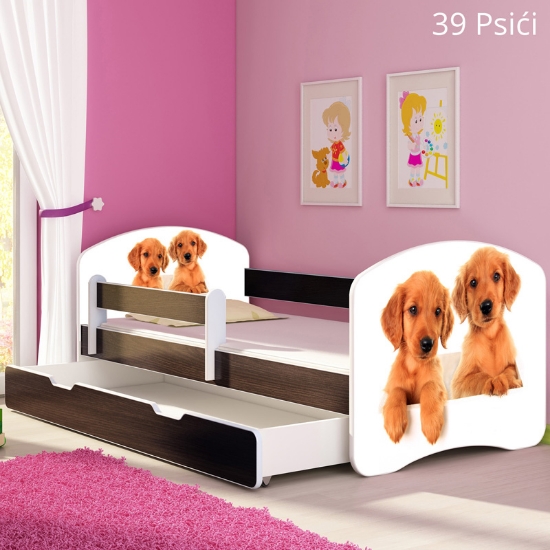 Slika Dječji krevet ACMA s motivom, bočna wenge + ladica 160x80 cm - 39 Psići