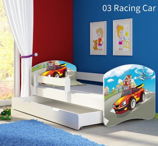 Slika Dječji krevet ACMA s motivom, bočna bijela + ladica 160x80 cm - 03 Racing Car