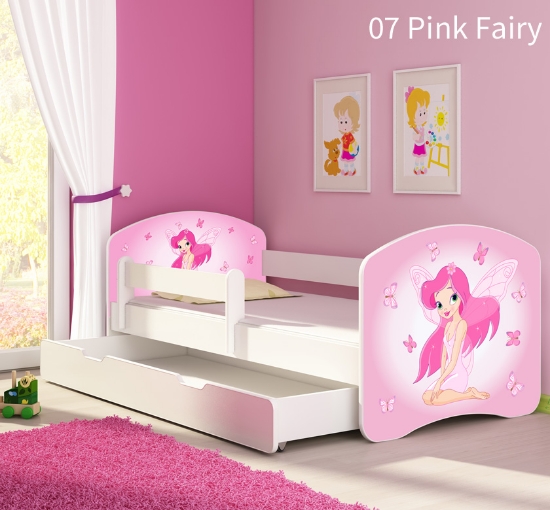 Slika Dječji krevet ACMA s motivom, bočna bijela + ladica 160x80 cm - 07 Pink Fairy 