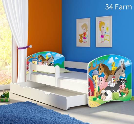 Slika Dječji krevet ACMA s motivom, bočna bijela + ladica 160x80 cm - 34 Farm