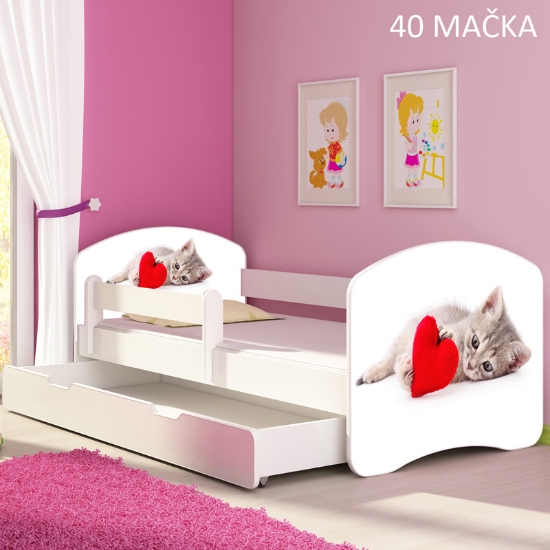 Slika Dječji krevet ACMA s motivom, bočna bijela + ladica 160x80 cm - 40 Mačka