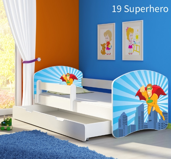 Slika Dječji krevet ACMA s motivom, bočna bijela + ladica 180x80 cm 19-superhero