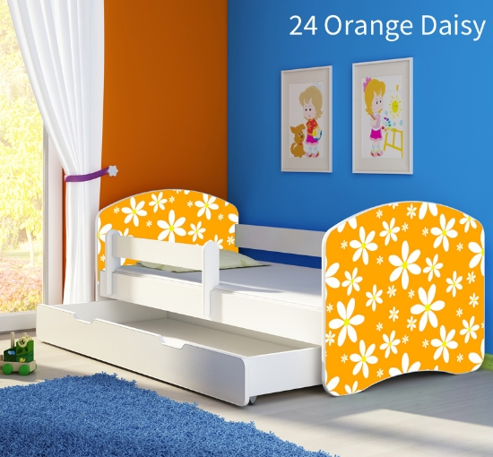 Slika Dječji krevet ACMA s motivom, bočna bijela + ladica 180x80 cm 24-orange-daisy