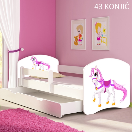 Slika Dječji krevet ACMA s motivom, bočna bijela + ladica 180x80 cm 43-konjic