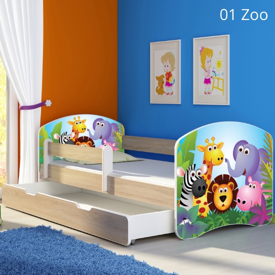 Slika Dječji krevet ACMA s motivom, bočna sonoma + ladica 180x80 cm - 01 Zoo