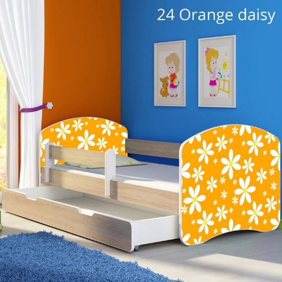 Slika Dječji krevet ACMA s motivom, bočna sonoma + ladica 180x80 cm 24-orange-daisy