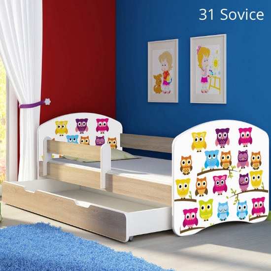 Slika Dječji krevet ACMA s motivom, bočna sonoma + ladica 180x80 cm 31-owls