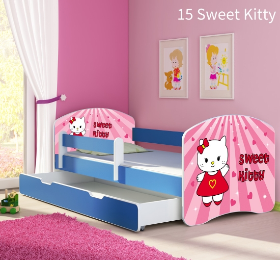 Slika Dječji krevet ACMA s motivom, bočna plava + ladica 160x80 cm - 15 Sweet Kitty