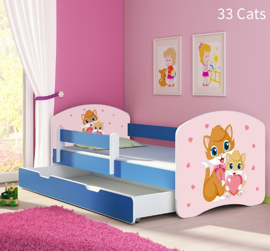 Slika Dječji krevet ACMA s motivom, bočna plava + ladica 160x80 cm 33-cats