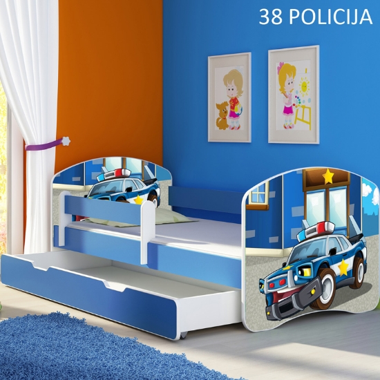 Slika Dječji krevet ACMA s motivom, bočna plava + ladica 160x80 cm 38-policija