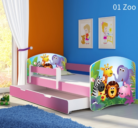 Slika Dječji krevet ACMA s motivom, bočna roza + ladica 160x80 cm - 01 Zoo