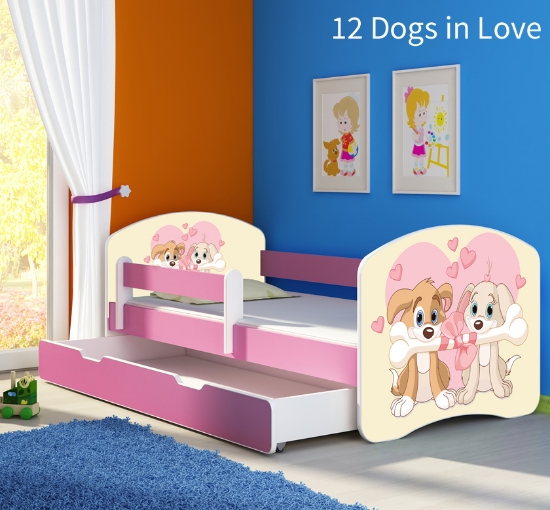 Slika Dječji krevet ACMA s motivom, bočna roza + ladica 160x80 cm - 12 Dogs in Love