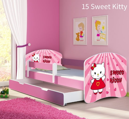 Slika Dječji krevet ACMA s motivom, bočna roza + ladica 160x80 cm - 15 Sweet Kitty