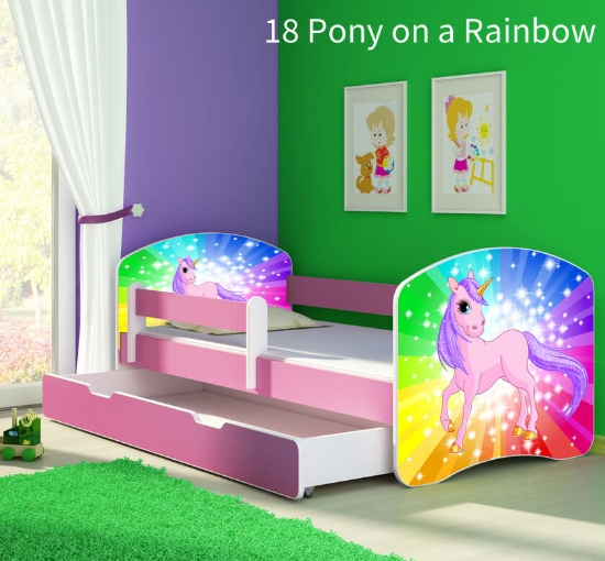 Slika Dječji krevet ACMA s motivom, bočna roza + ladica 160x80 cm - 18 Pony on a rainbow