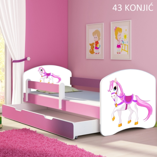 Slika Dječji krevet ACMA s motivom, bočna roza + ladica 160x80 cm - 43 Konjić