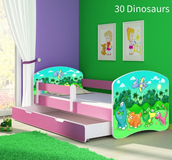 Slika Dječji krevet ACMA s motivom, bočna roza + ladica 180x80 cm - 30 Dinosaurs