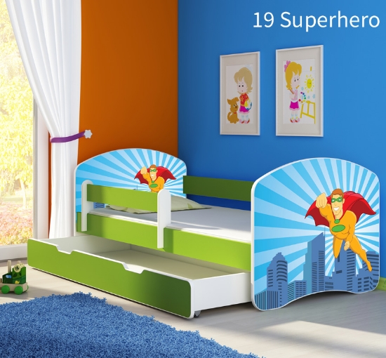 Slika Dječji krevet ACMA s motivom, bočna zelena + ladica 160x80 cm  - 19 Superhero