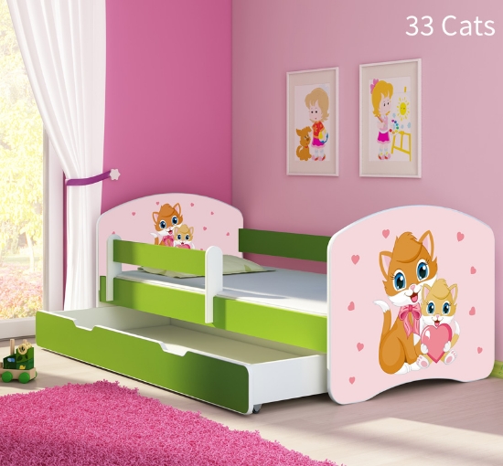 Slika Dječji krevet ACMA s motivom, bočna zelena + ladica 160x80 cm  - 33 Cats
