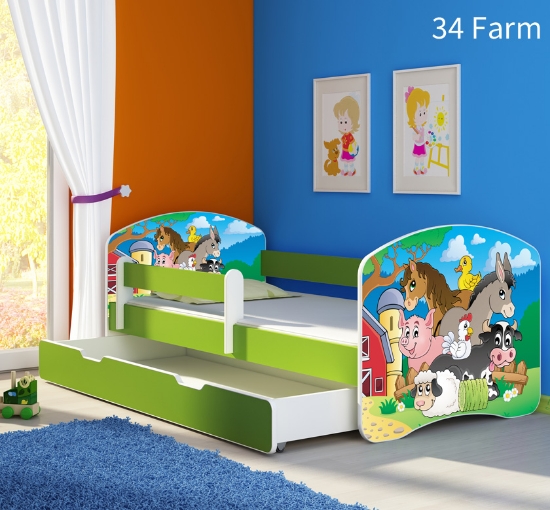 Slika Dječji krevet ACMA s motivom, bočna zelena + ladica 160x80 cm  - 34 Farm