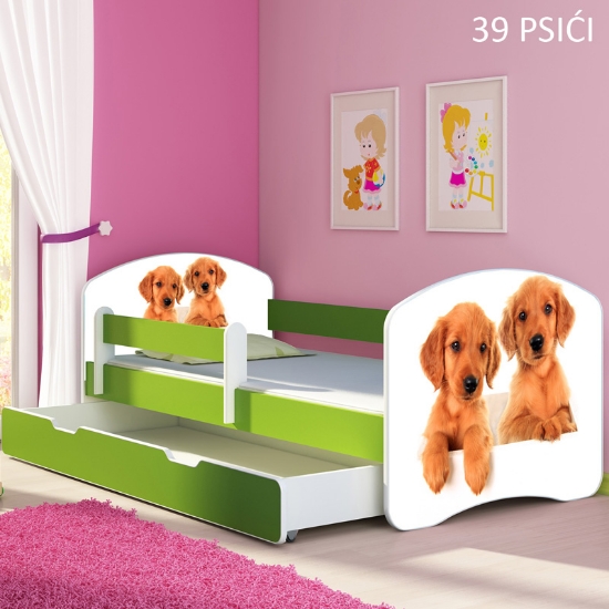 Slika Dječji krevet ACMA s motivom, bočna zelena + ladica 160x80 cm  - 39 Psići