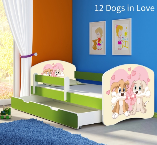 Slika Dječji krevet ACMA s motivom, bočna zelena + ladica 180x80 cm - 12 Dogs in Love