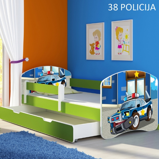 Slika Dječji krevet ACMA s motivom, bočna zelena + ladica 180x80 cm - 38 Policija