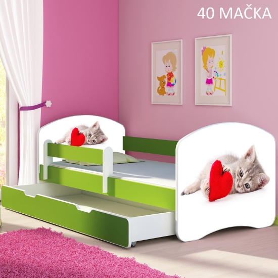 Slika Dječji krevet ACMA s motivom, bočna zelena + ladica 180x80 cm - 40 Mačka