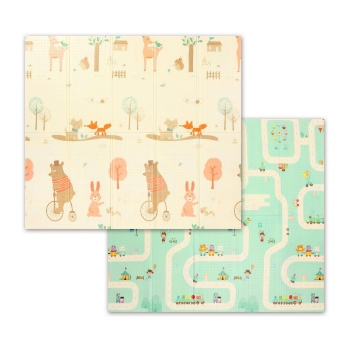 Slika Dvostrana podloga za igru Animals & Road 180 x 200 cm BabyOno