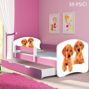 Slika ACMA dječji krevet + bočna roza ladica 160 x 80 cm s motivom 39 - psići 