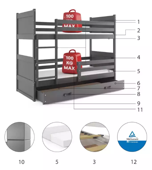 Slika BMS Rico krevet na kat + ladica 200 x 90 cm, GRF/roza