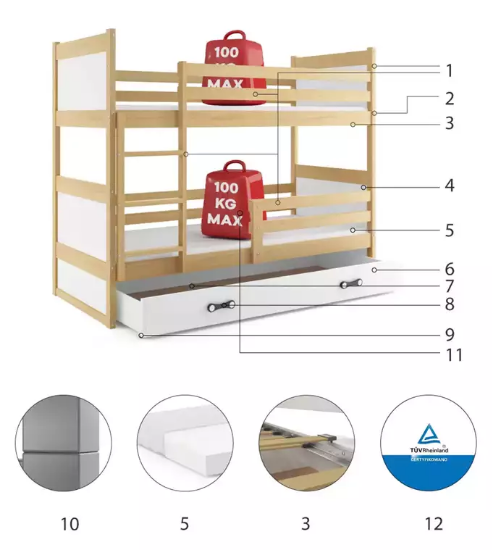 Slika BMS Rico krevet na kat + ladica 200 x 90 cm, PINE/roza