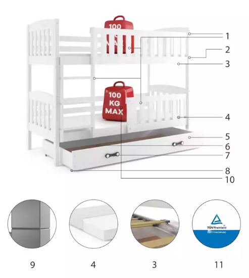 Slika BMS Kubus krevet na kat + ladica 200 x 90 cm, BIA/bijela
