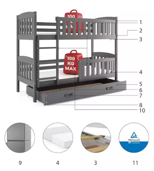 Slika BMS Kubus krevet na kat + ladica 200 x 90 cm, GRF/grafit